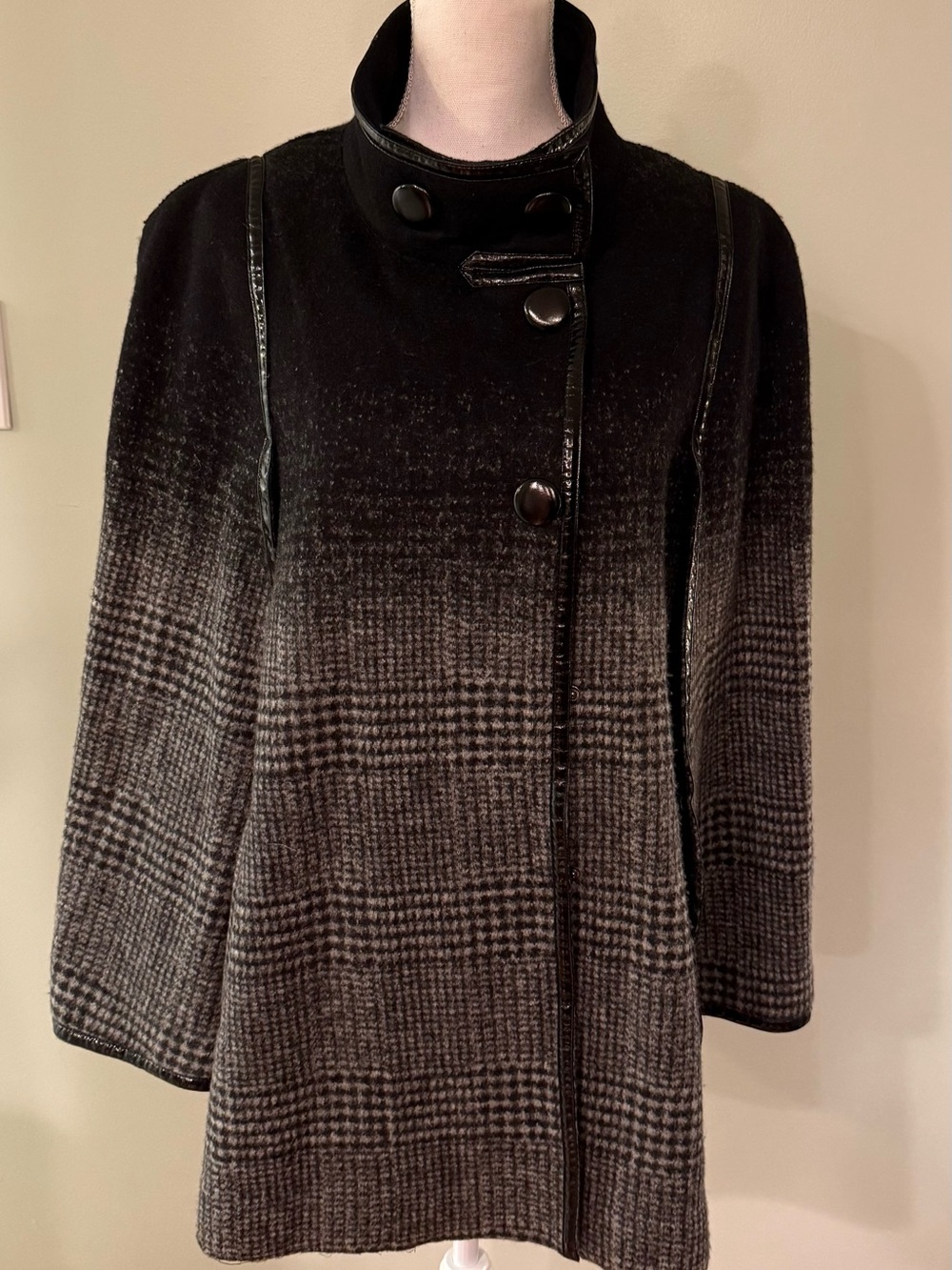 Via Spiga Black to Gray Ombre Plaid Stand Collar Cape Coat with Patent Trim